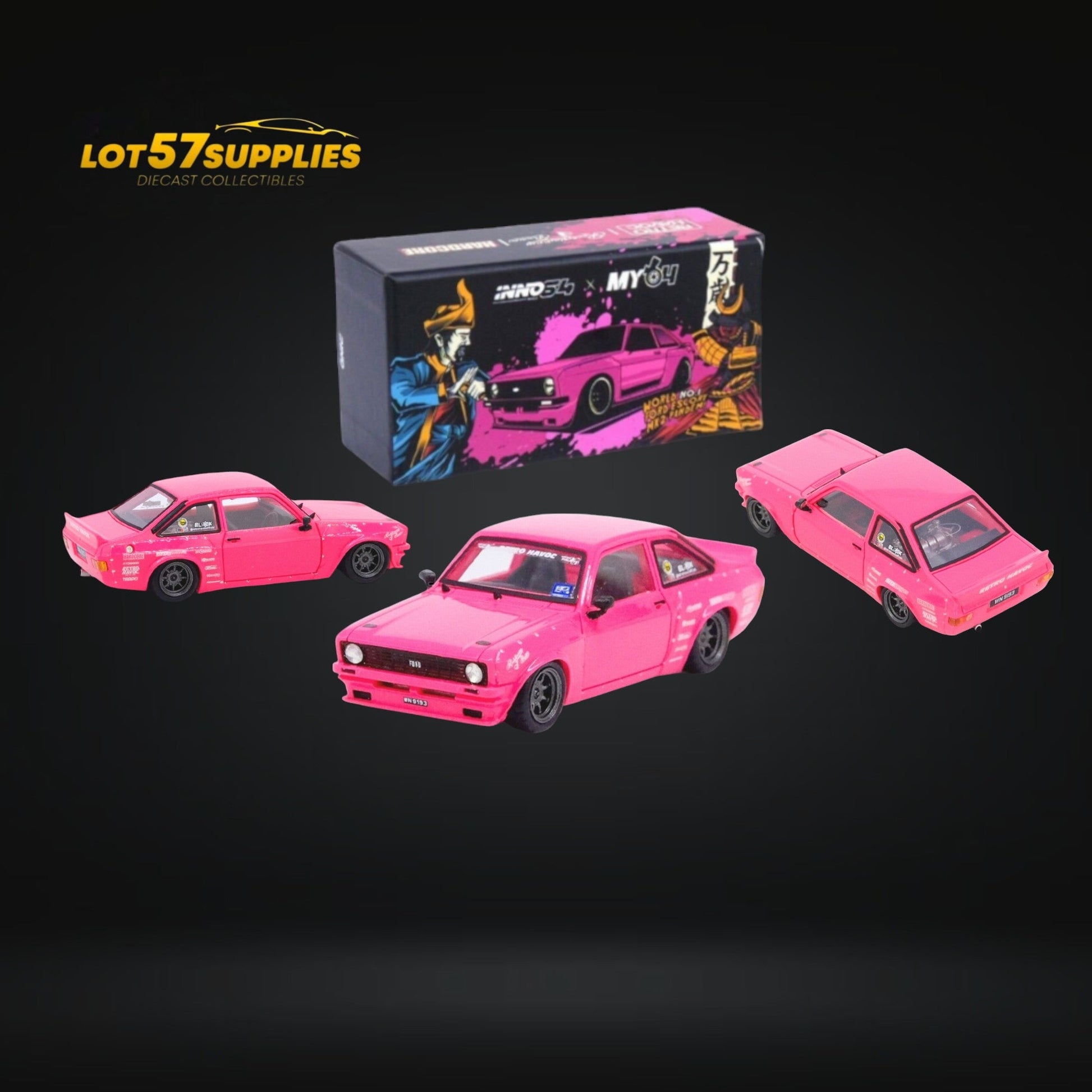 Pink Inno64 Ford Escort MK2 Pandem "Emotion" diecast model car, detailed miniature in 1:64 scale.
