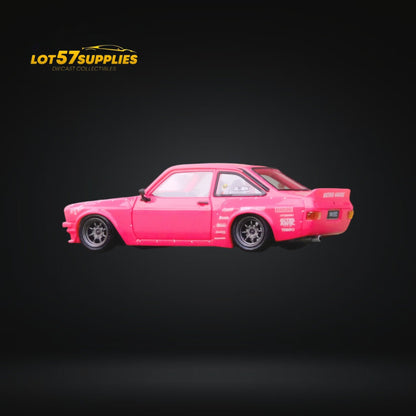 Miniature pink Ford Escort MK2 diecast model by Inno64, featuring retro Pandem "Emotion" design, 1:64 scale.