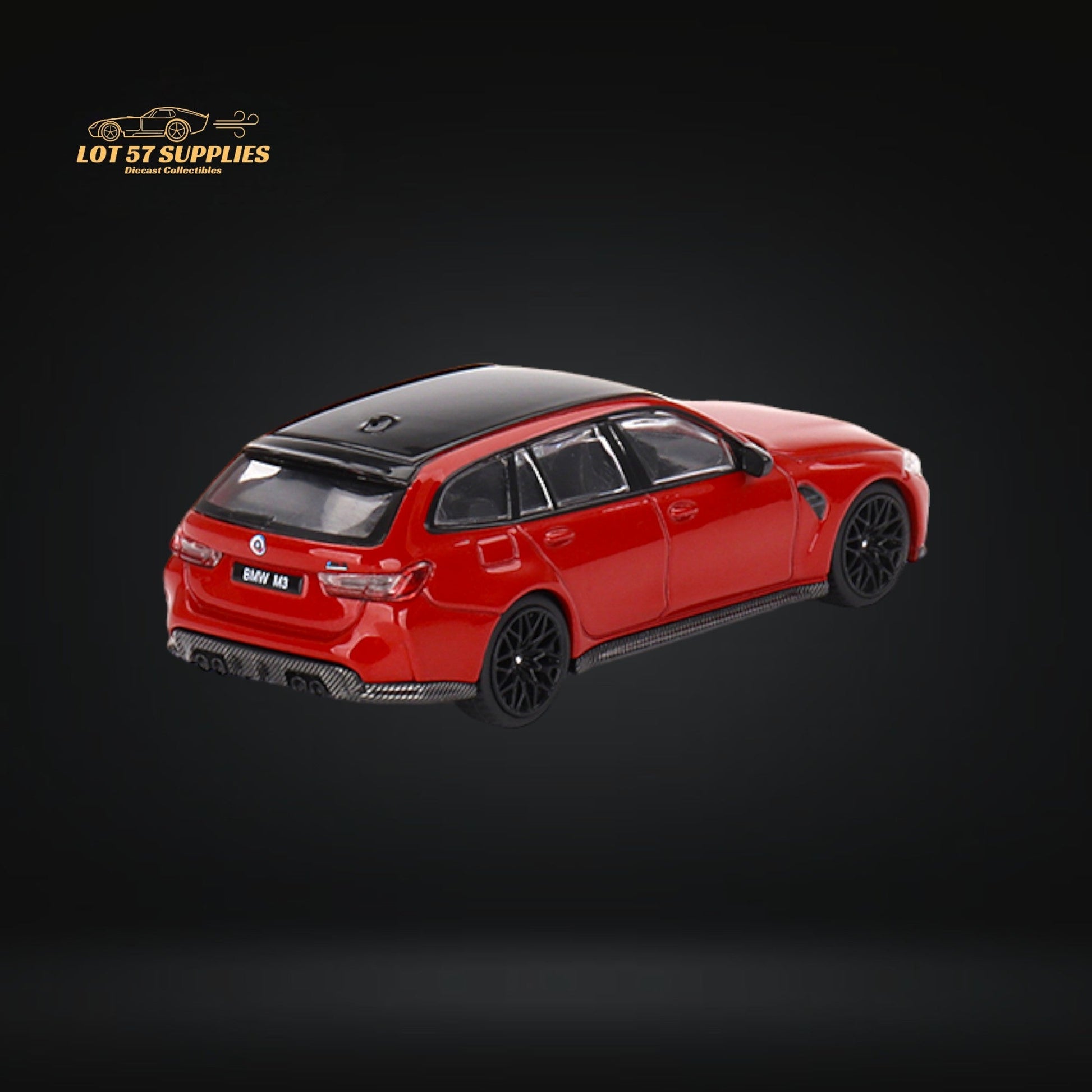 Mini-GT BMW M3 Competition Touring diecast model in 1:64 scale, detailed black BMW car with blue accents, showcasing realistic features.