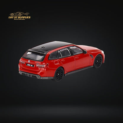 Mini-GT BMW M3 Competition Touring diecast model in 1:64 scale, detailed black BMW car with blue accents, showcasing realistic features.