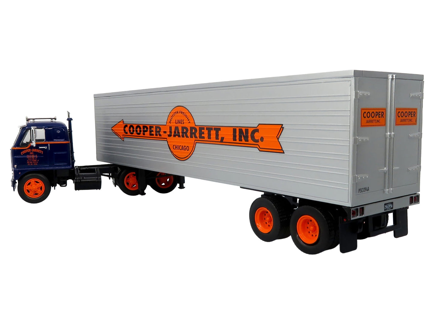 1959 International DCOF-405 Truck with Box Trailer "Cooper Jarrett Inc." Dark Blue with Orange Stripes "North American Vintage Truck Collection" 1/43 Diecast Model by Iconic Replicas