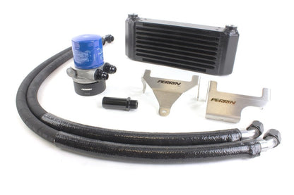 JDMuscle Perrin 02-14 WRX and 04-21 STI oil cooler kit with fluid cooler components, hoses, and mounting brackets.