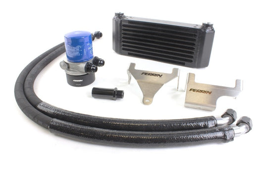 JDMuscle Perrin 02-14 WRX and 04-21 STI oil cooler kit with fluid cooler components, hoses, and mounting brackets.