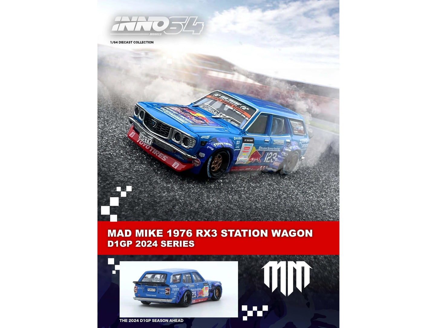 1976 Mazda RX3 Station Wagon RHD (Right Hand Drive) #12 "Mad" Mike Whiddett "D1 Grand Prix" (2024) 1/64 Diecast Model Car by Inno Models