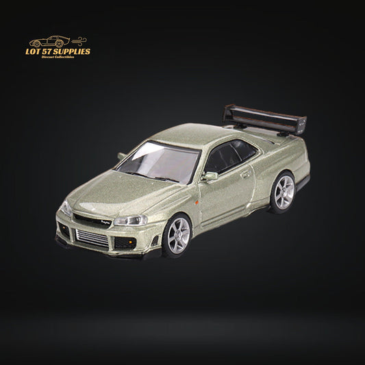 Mini-GT Nissan Skyline GT-R R34 diecast model by Lot57Supplies, detailed 1:64 scale Nissan car in vibrant colors.