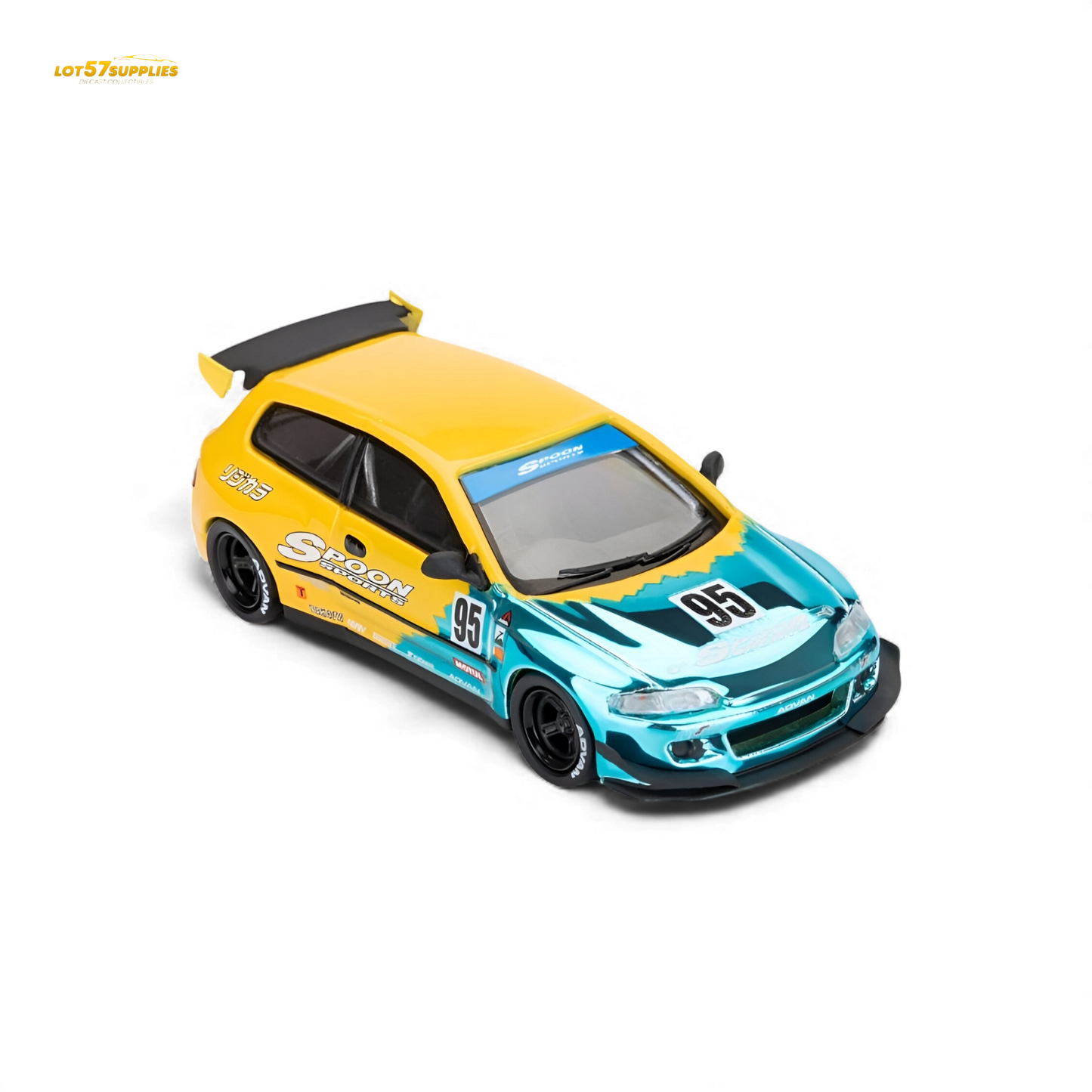 Blue 1:64 scale Honda Civic EG6 diecast model with Rocket Bunny kit by ET Model, featuring detailed exterior and custom styling.