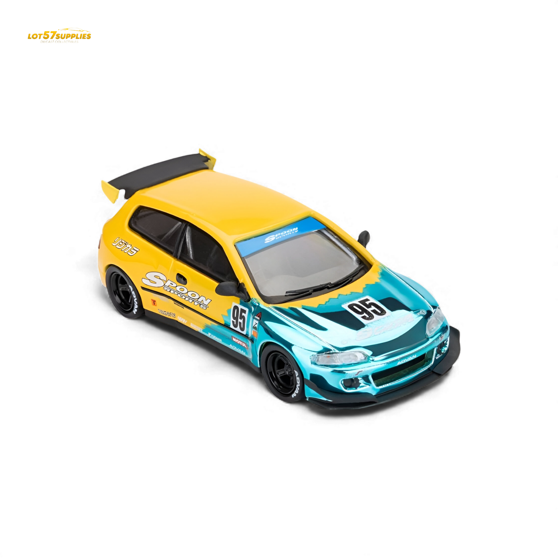 Blue 1:64 scale Honda Civic EG6 diecast model with Rocket Bunny kit by ET Model, featuring detailed exterior and custom styling.