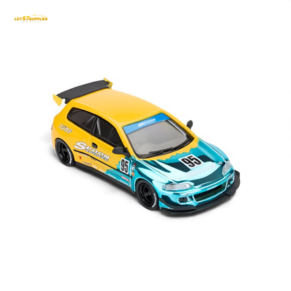 Blue 1:64 scale Honda Civic EG6 diecast model with Rocket Bunny kit by ET Model, featuring detailed exterior and custom styling.