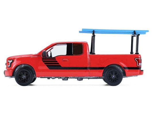 2015 Ford F-150 Pickup Truck with Ladder Rack Red with Black Stripes "Down on the Farm" Series 11 1/64 Diecast Model by Greenlight