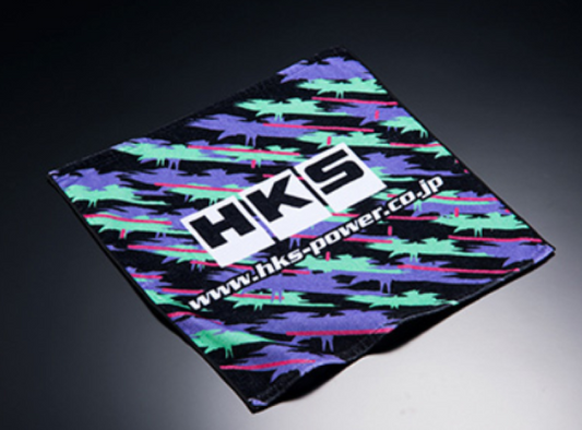 HKS Oil Color Hand Towel featuring engine cold air intake design, branded by FR SPORT, with vibrant oil imagery on soft fabric