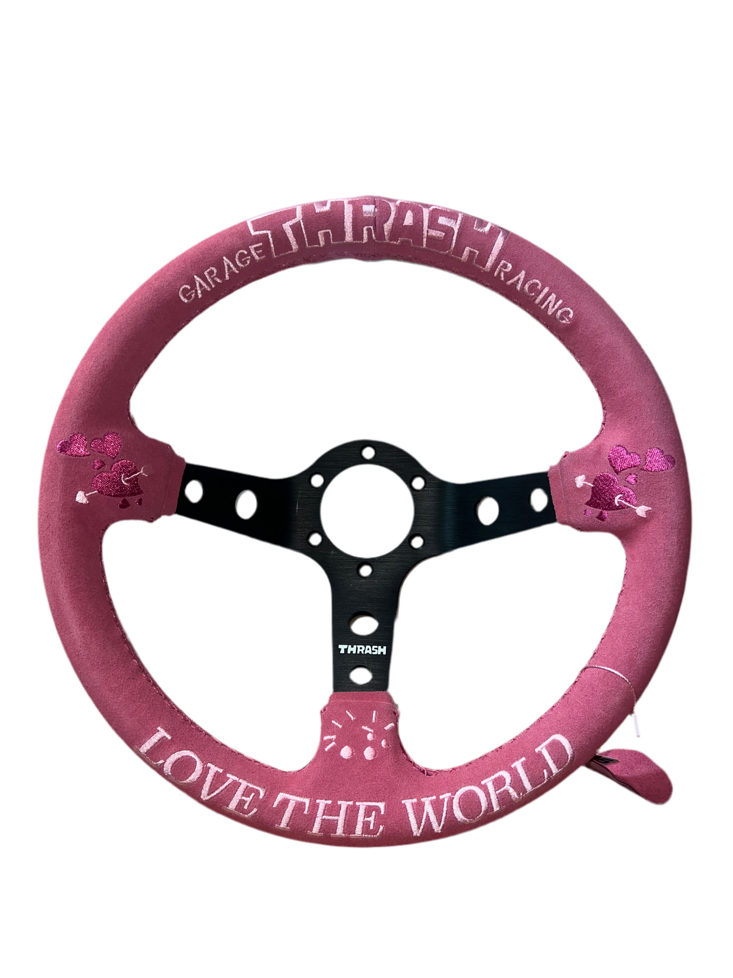 Speedzone Performance LLC Thrash Racing Steering Wheel with "Love the World" design, black and silver racing wheel for cars.