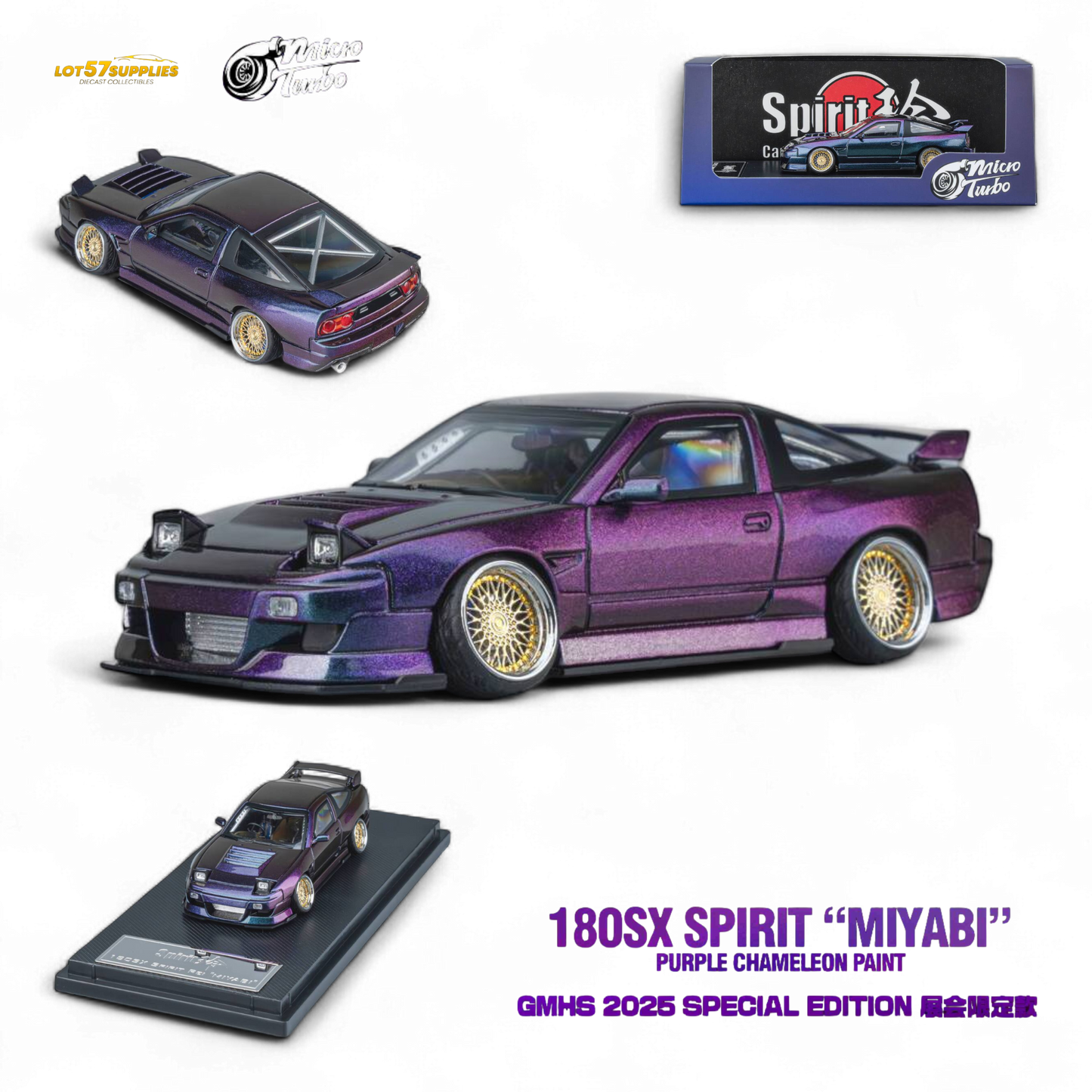 Purple chameleon Nissan 180SX diecast model, MicroTurbo Spirit Rei 1:64 scale, featuring detailed Nissan branding and sleek design.