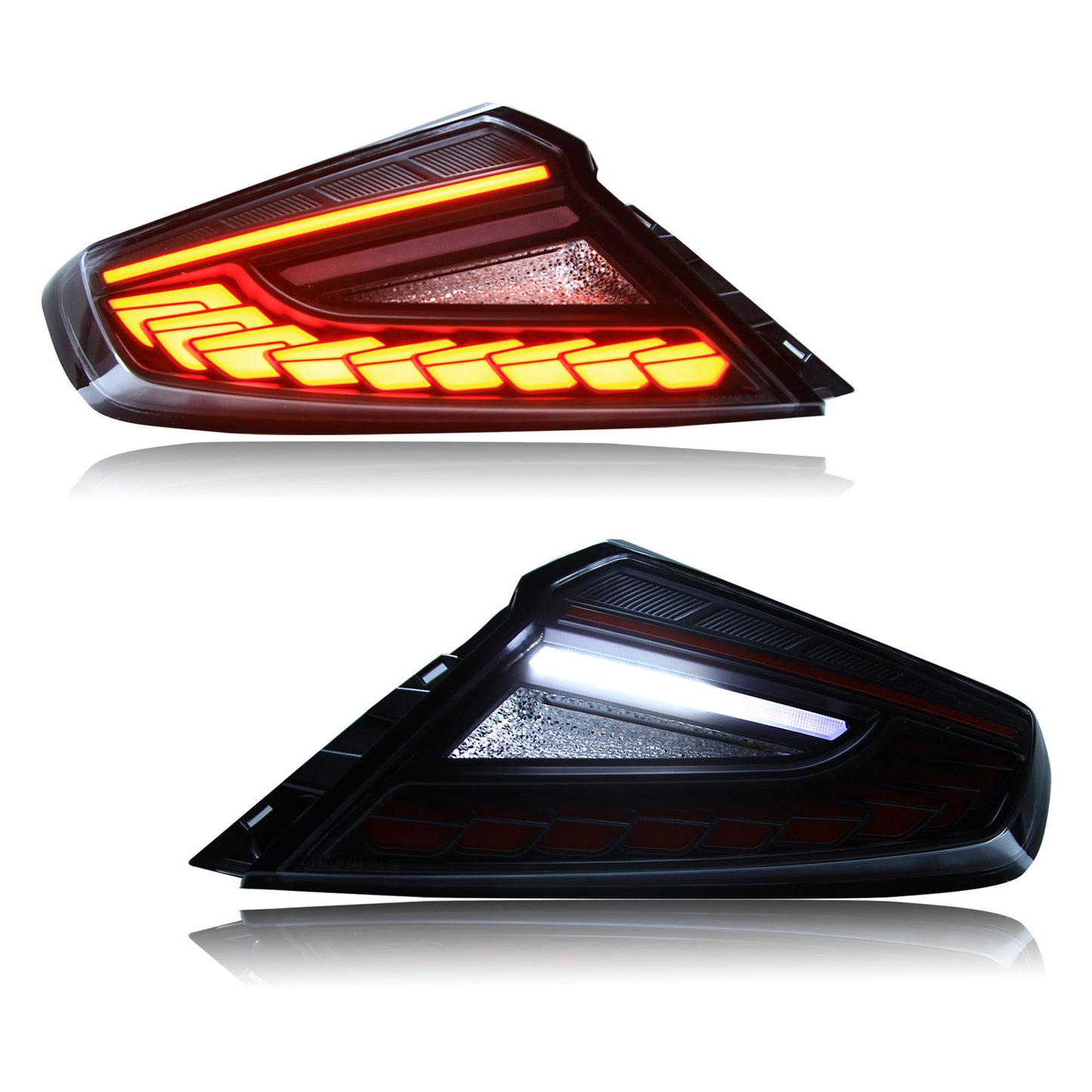 OLM Phantom-Spec LED taillights with clear lens and red optic installed on a 2022+ Subaru WRX, showcasing sleek automotive tail light design.