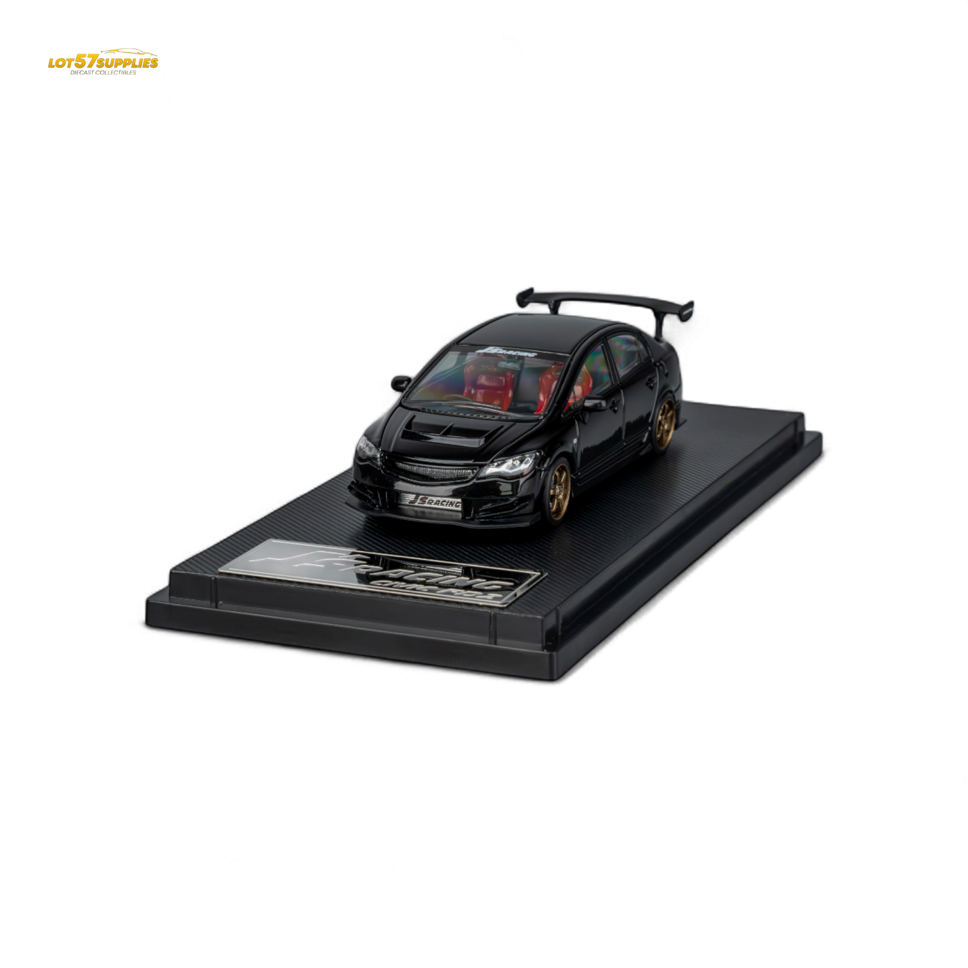 Honda Microturbo FD2 J'S Racing diecast model in metallic black, 1:64 scale, showcasing detailed design and branding.