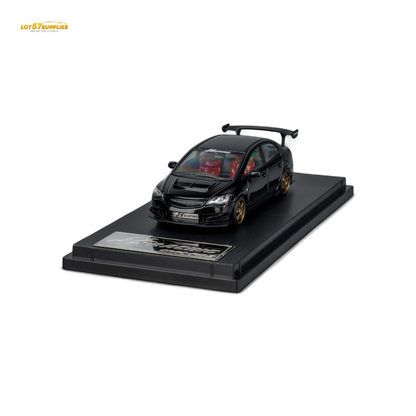 Honda Microturbo FD2 J'S Racing diecast model in metallic black, 1:64 scale, showcasing detailed design and branding.