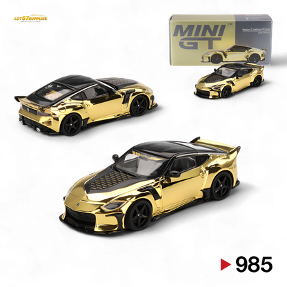 Mini-GT Nissan Z VeilSide FZ400 diecast model in gold chrome, 1:64 scale, left-hand drive, detailed Nissan collectible.