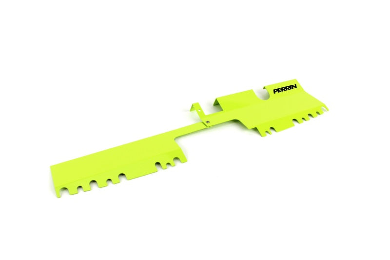 Neon yellow Perrin radiator shroud with OEM intake scoop for 2015-2021 Subaru WRX/STI, JDMuscle performance automotive part.