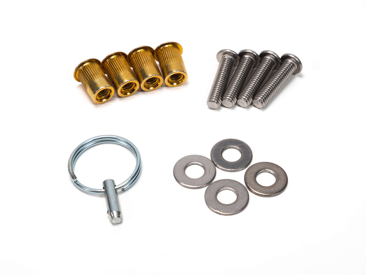Image of MeLe ATX30 Rally Spec Battery Mount hardware pack with four mounting hardware pieces for secure installation.