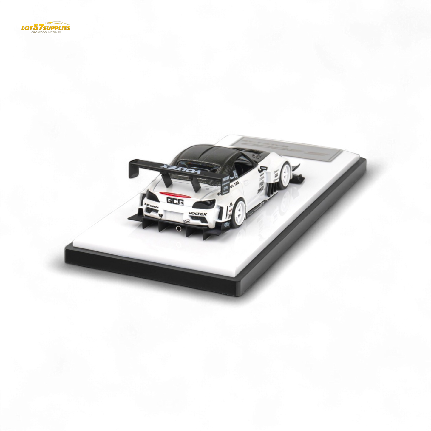 Microturbo Honda S2000 diecast model in metallic white, 1:64 scale, showcasing detailed design and realistic features.