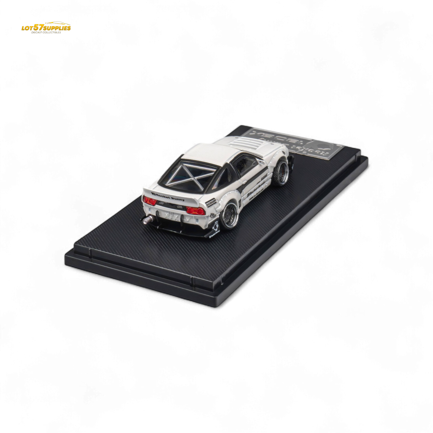 White Nissan 180SX diecast model in Pandem Rocket Bunny style, 1:64 scale by Lot57Supplies Diecast Shop.