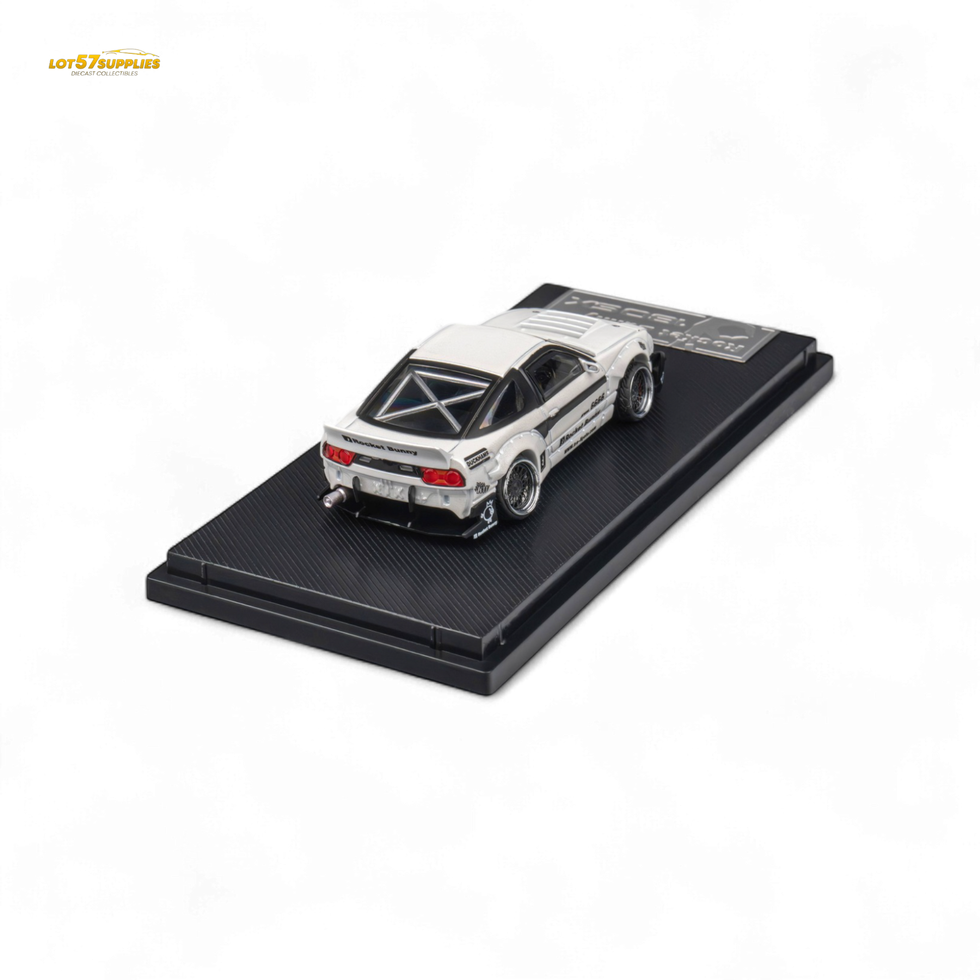 White Nissan 180SX diecast model in Pandem Rocket Bunny style, 1:64 scale by Lot57Supplies Diecast Shop.