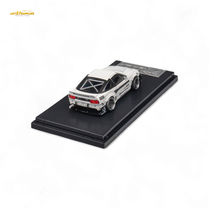 White Nissan 180SX diecast model in Pandem Rocket Bunny style, 1:64 scale by Lot57Supplies Diecast Shop.