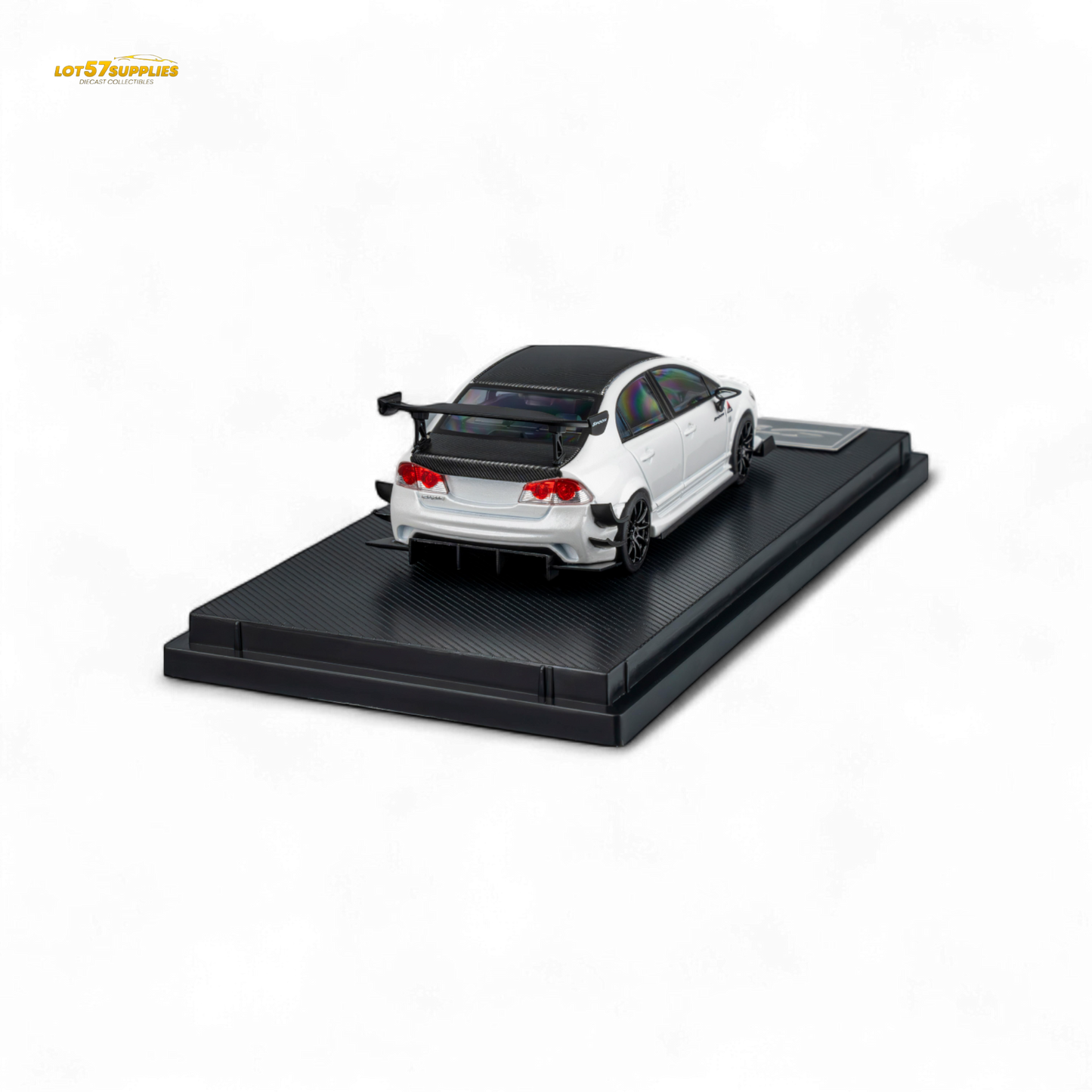 White 1:64 scale Honda Civic Type R FD2 diecast model by Spoon Sports, featuring detailed metallic white finish and realistic design.