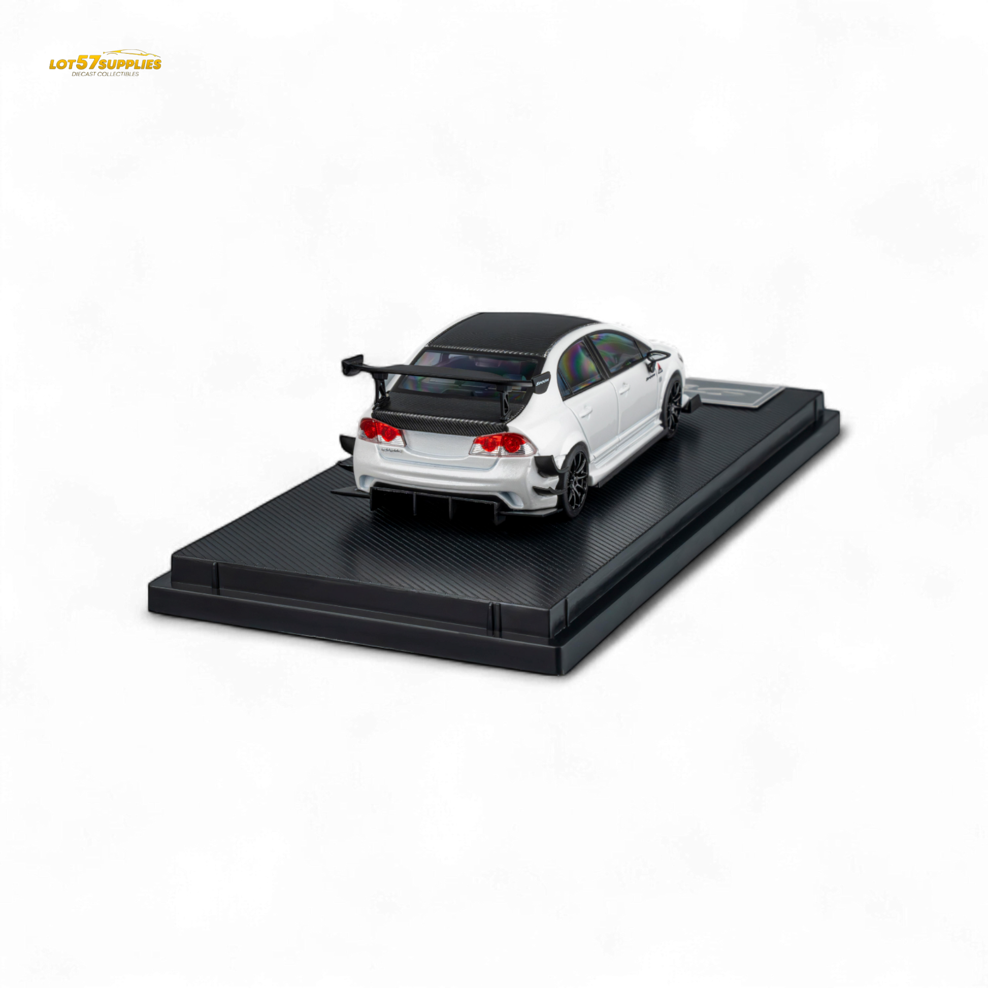 White 1:64 scale Honda Civic Type R FD2 diecast model by Spoon Sports, featuring detailed metallic white finish and realistic design.