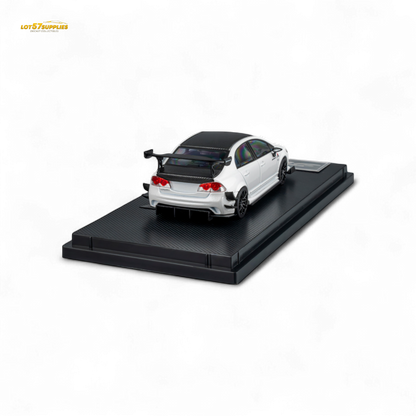 White 1:64 scale Honda Civic Type R FD2 diecast model by Spoon Sports, featuring detailed metallic white finish and realistic design.