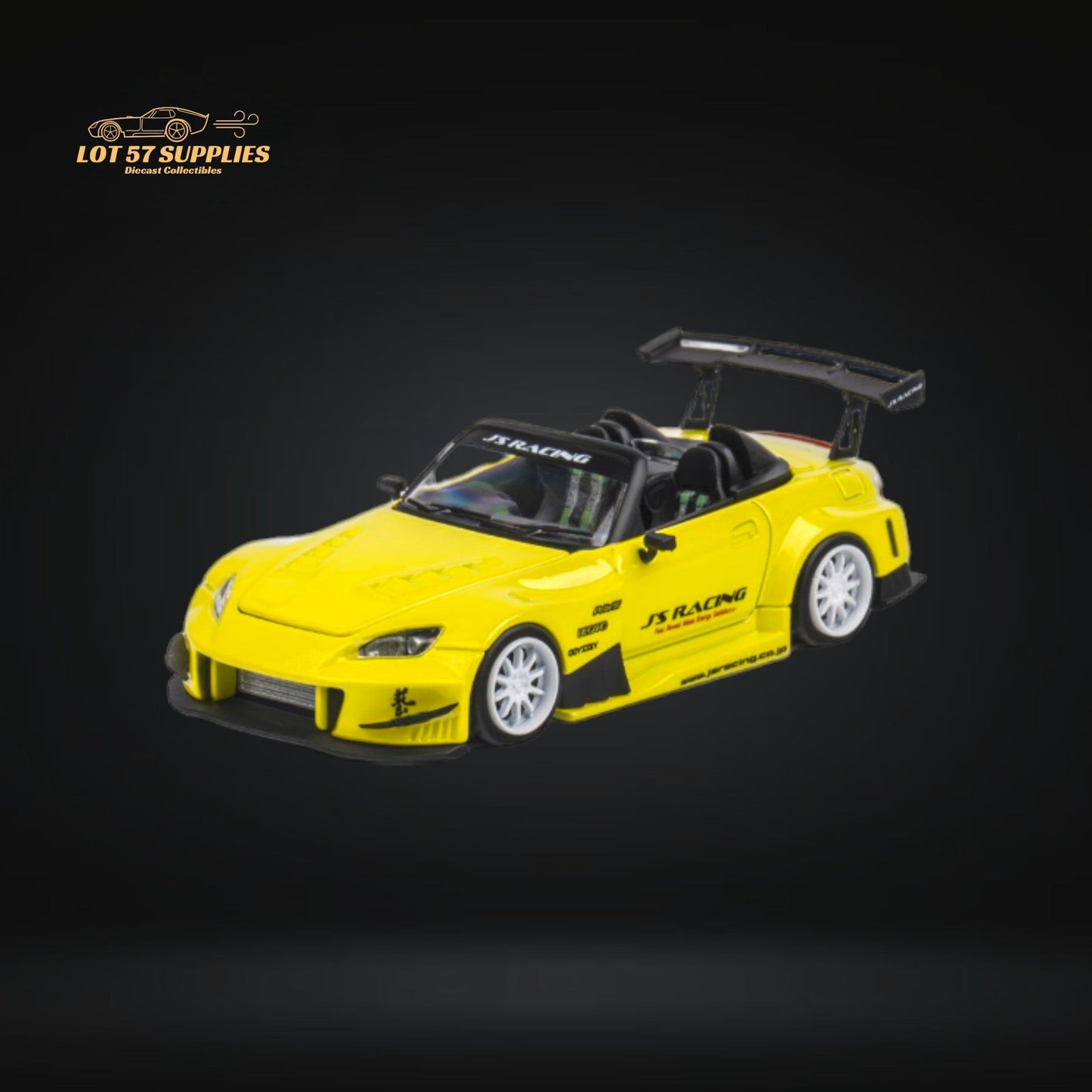 Yellow pearl Honda S2000 JS Racing Microturbo diecast model in 1:64 scale, detailed miniature car for collectors.