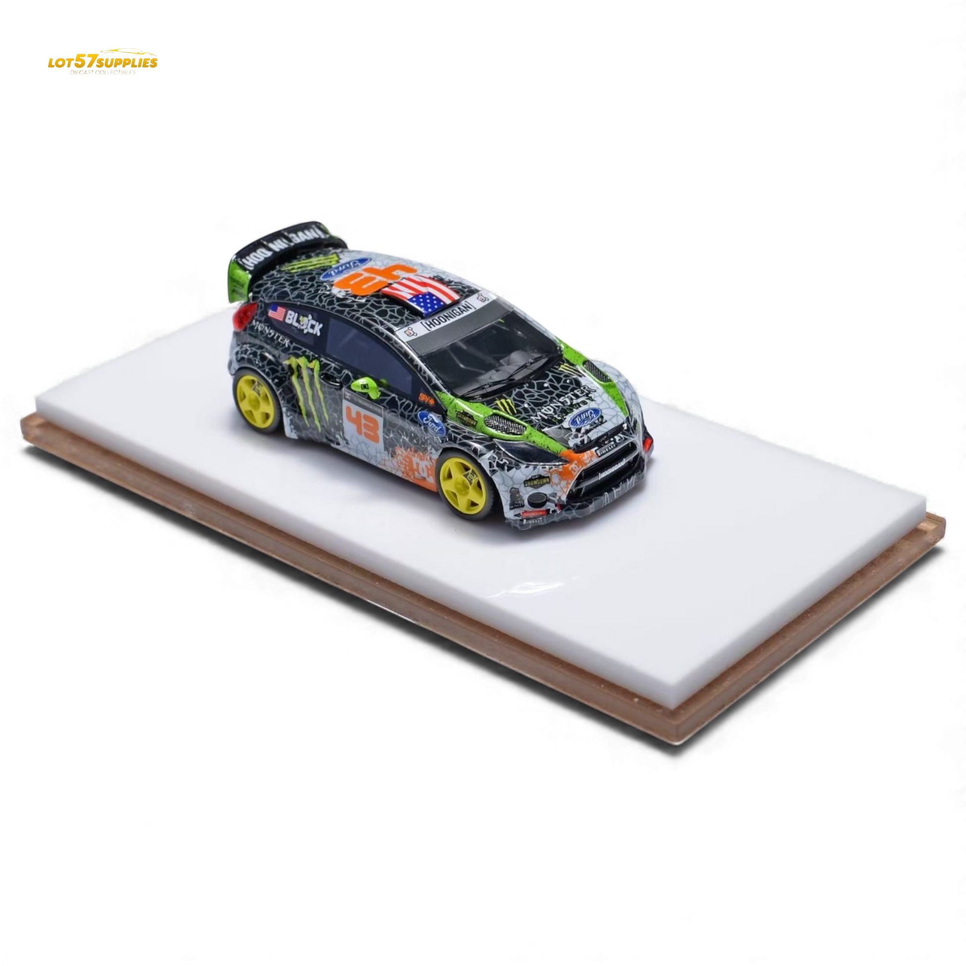 Miniature Ford Fiesta diecast model in Gymkhana livery, 1:64 scale, featuring detailed design and vibrant racing graphics.