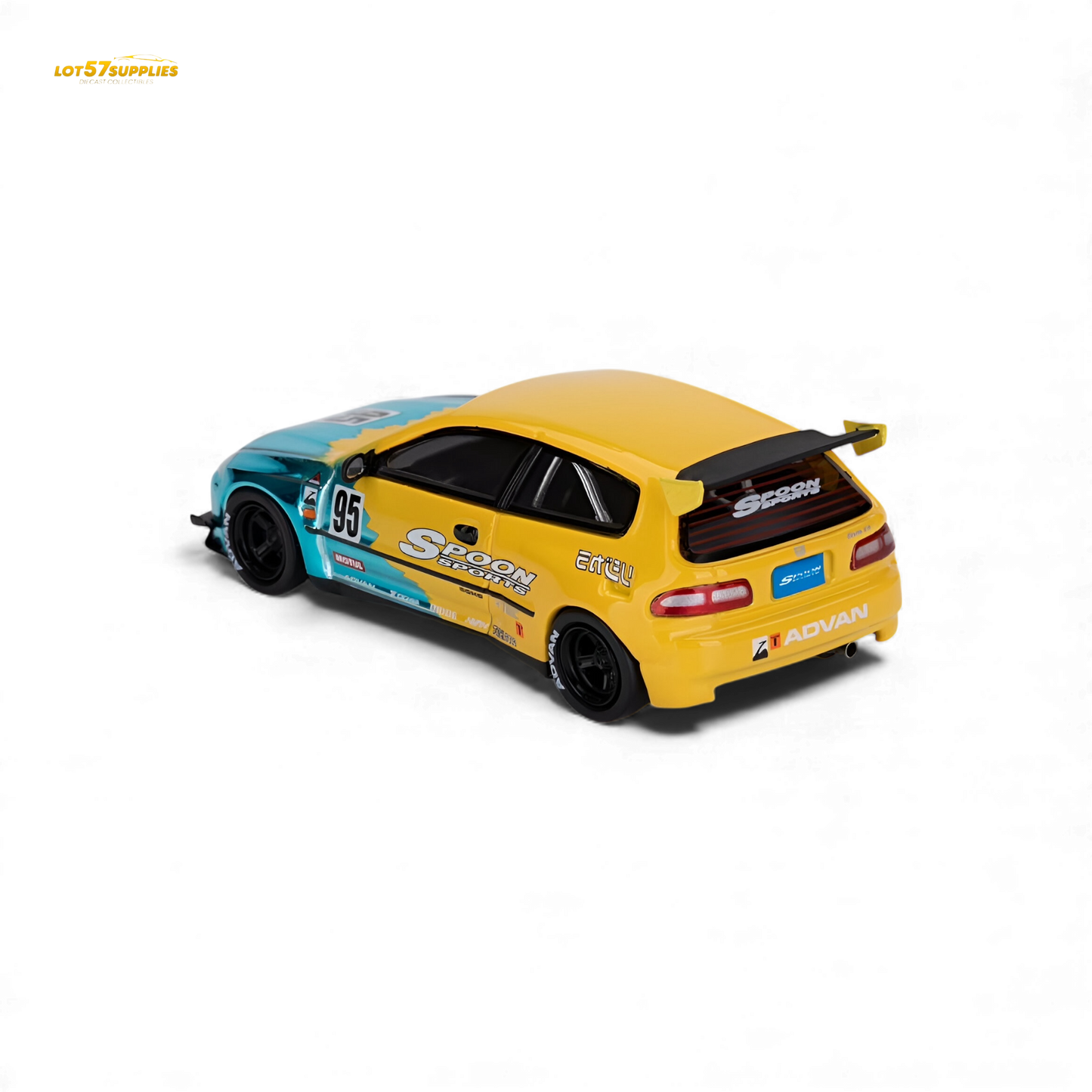 Blue 1:64 scale Honda Civic EG6 diecast model by Lot57Supplies, featuring Rocket Bunny and Spoon details.