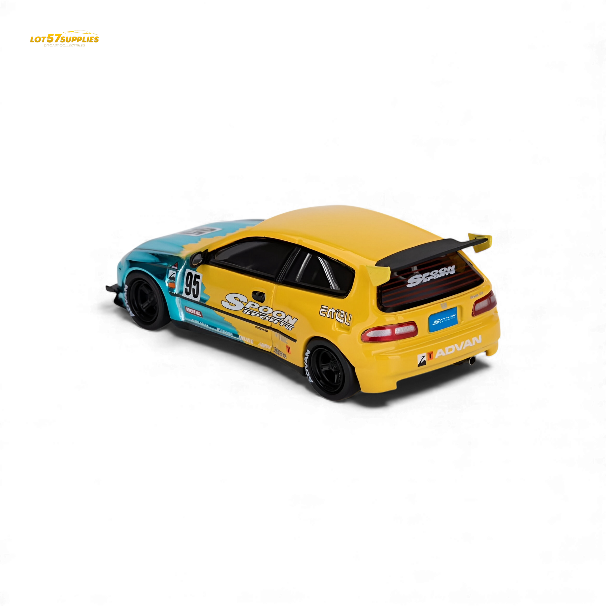 Blue 1:64 scale Honda Civic EG6 diecast model by Lot57Supplies, featuring Rocket Bunny and Spoon details.
