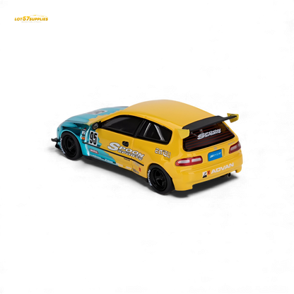 Blue 1:64 scale Honda Civic EG6 diecast model by Lot57Supplies, featuring Rocket Bunny and Spoon details.