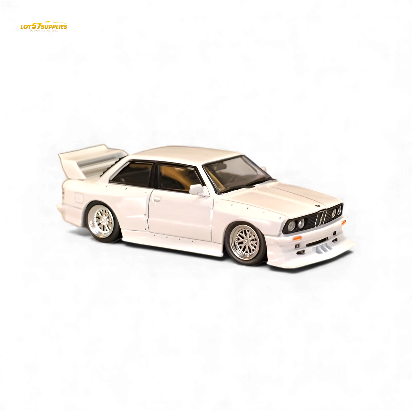 White SW BMW E30 M3 LTO modified diecast model car, 1:64 scale, detailed miniature from Lot57Supplies Diecast Shop.