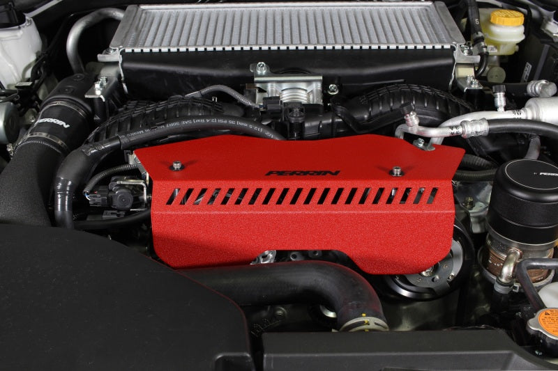 Red pulley cover for 2022-2025 Subaru WRX by Perrin, designed as a JDMuscle belt cover with a sleek finish.