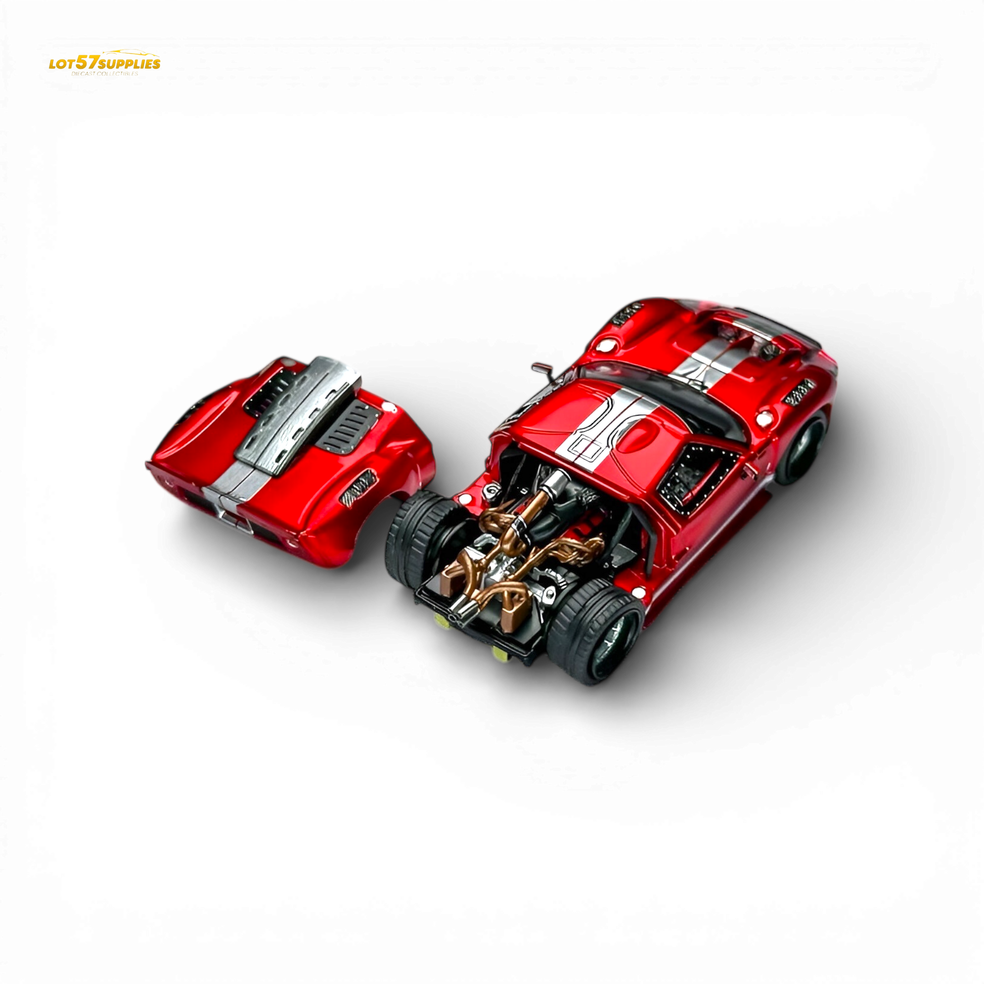 Red 1:64 scale Ford GT40 diecast model by Rhino Model RM, transparent red finish, detailed miniature car for collectors