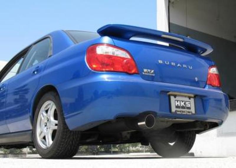 FR SPORT HKS 02-07 WRX and 04-07 STi sport exhaust system kit showing polished muffler and pipe details.