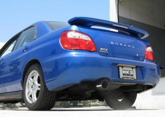 FR SPORT HKS 02-07 WRX and 04-07 STi sport exhaust system kit showing polished muffler and pipe details.