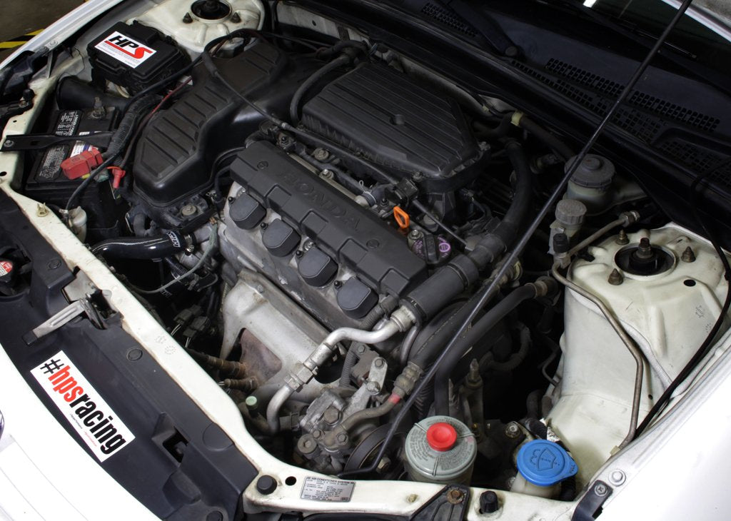 FR SPORT silicone radiator coolant hose kit installed in Honda Civic 1.7L MT engine, featuring durable black hoses and precise fitment.