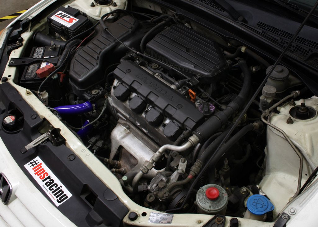 FR SPORT silicone radiator coolant hose kit installed in a Honda Civic 1.7L MT, featuring blue hoses for optimal engine cooling.