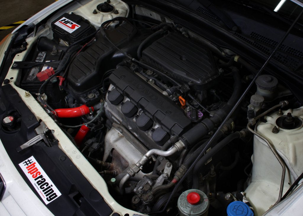 FR SPORT HPS silicone radiator coolant hose kit installed in a Honda Civic 1.7L MT engine, showing red hoses and engine bay.