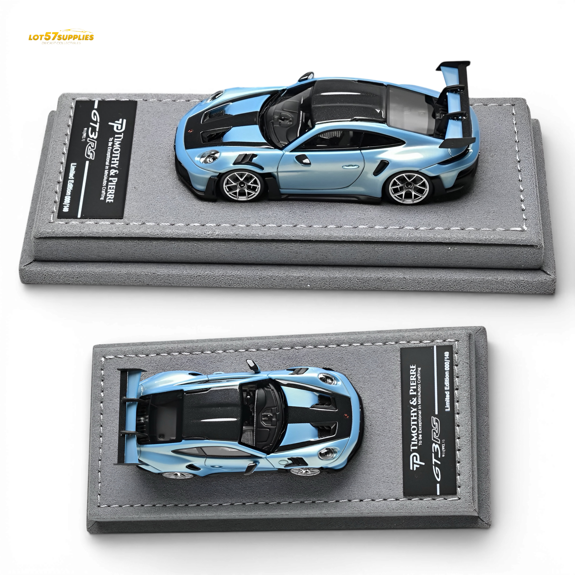 Blue 1:64 scale TP Porsche 911 992 GT3 RS diecast model by Lot57Supplies Diecast Shop, detailed miniature car.