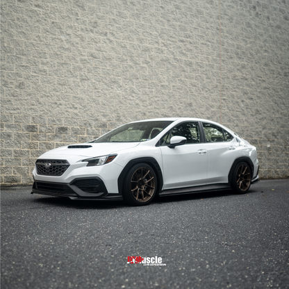 JDMuscle Tanso carbon fiber rear spats for 2022-2025 Subaru WRX, OE+ style rear lips with sleek aerodynamic design.