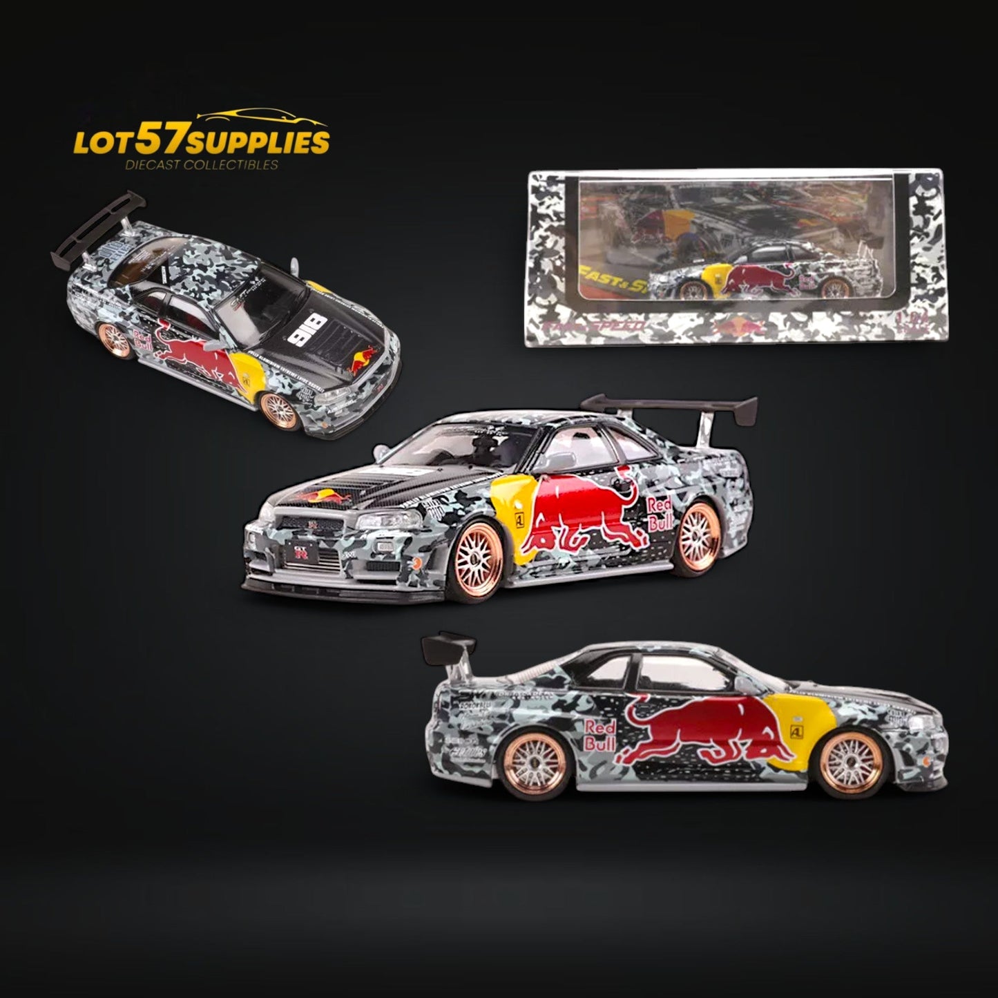 Diecast Nissan Skyline GT-R R34 Z-Tune model in RB livery, 1:64 scale, featuring detailed design and vibrant colors.