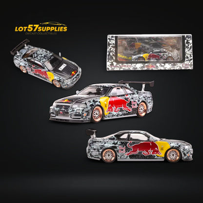 Diecast Nissan Skyline GT-R R34 Z-Tune model in RB livery, 1:64 scale, featuring detailed design and vibrant colors.