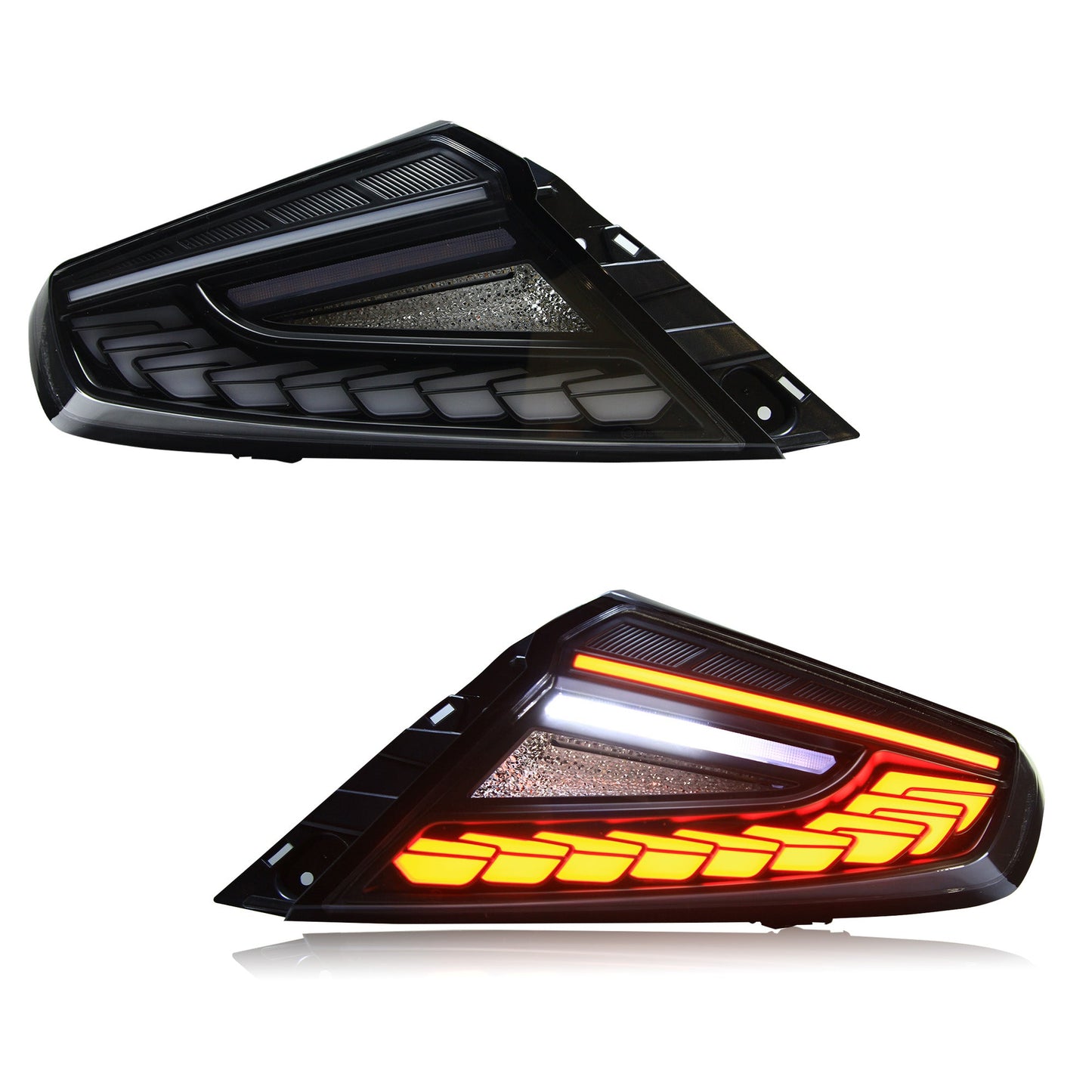 OLM Phantom-Spec LED taillights with clear lens and white optic for 2022+ Subaru WRX, showing sleek tail light design.