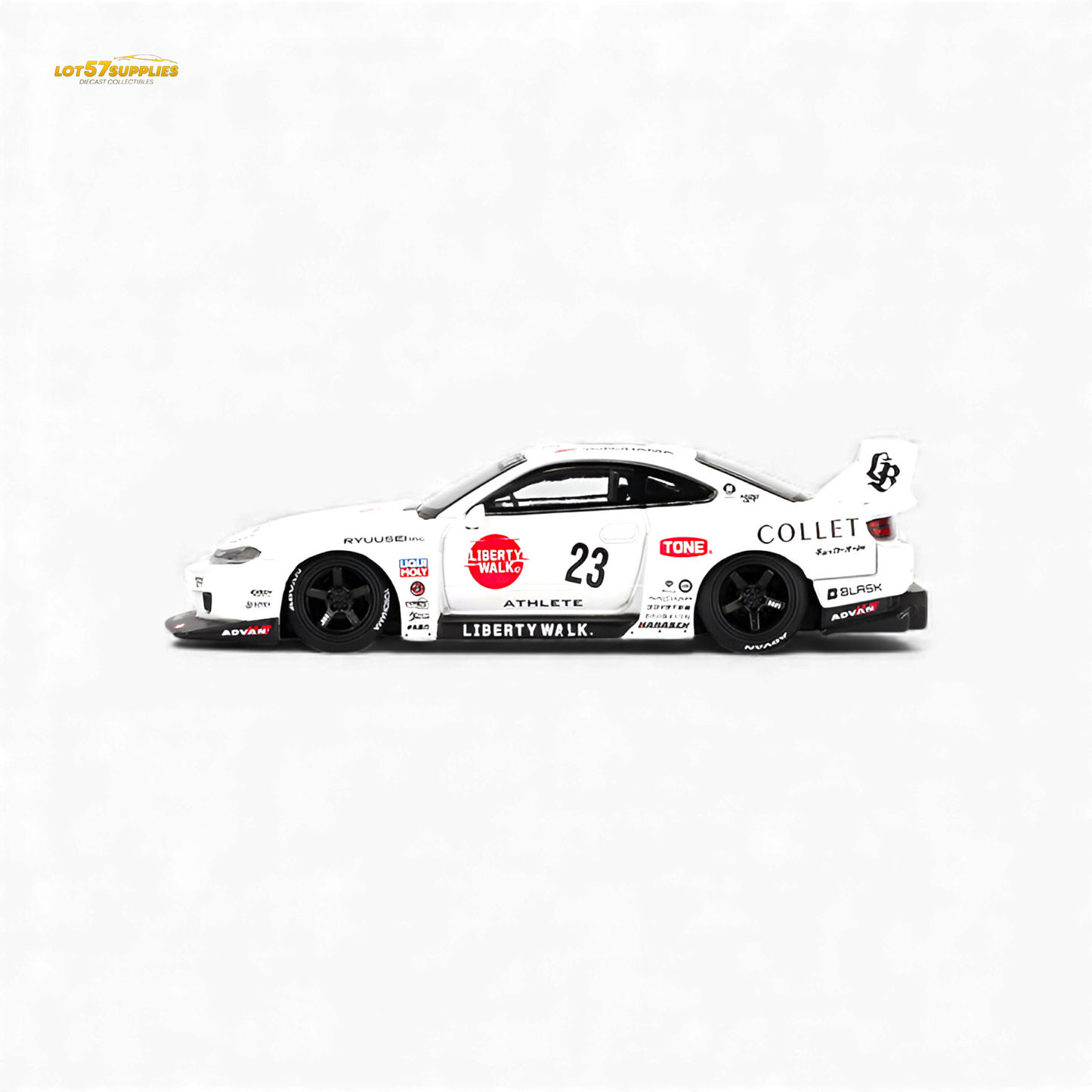 Mini GT Nissan S15 Silvia LB-Super Silhouette diecast model in 1:64 scale, featuring detailed exterior and vibrant paint.
