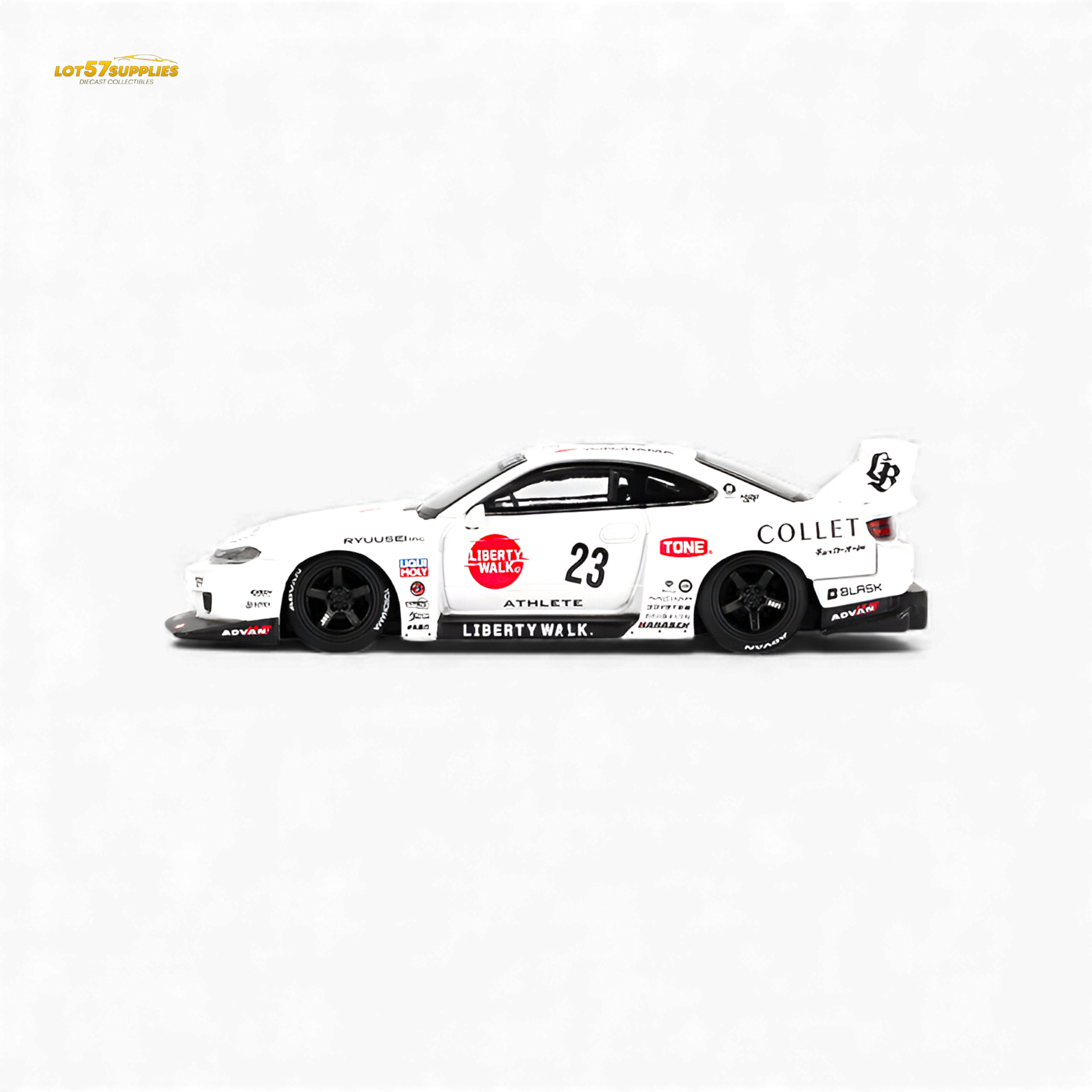 Mini GT Nissan S15 Silvia LB-Super Silhouette diecast model in 1:64 scale, featuring detailed exterior and vibrant paint.