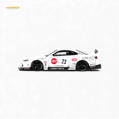 Mini GT Nissan S15 Silvia LB-Super Silhouette diecast model in 1:64 scale, featuring detailed exterior and vibrant paint.